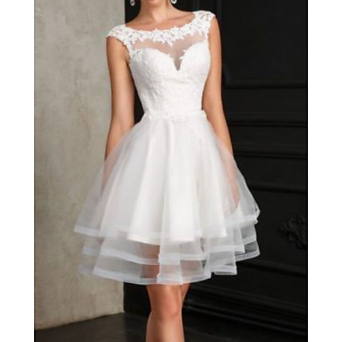 

A-Line Wedding Dresses Jewel Neck Short / Mini Lace Sleeveless Vintage Little White Dress with 2021