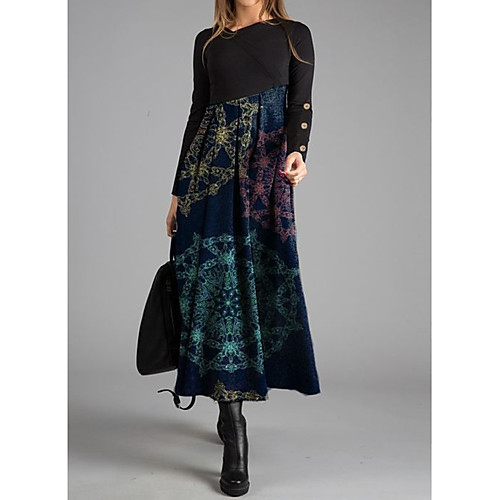 

Women's Swing Dress Maxi long Dress Blue Black Long Sleeve Print Print Fall Elegant Slim 2021 S M L XL XXL 3XL