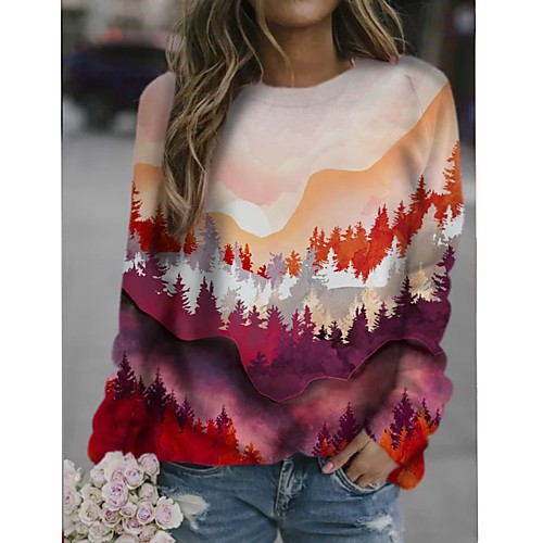 

Women's Tunic Color Gradient Scenery Color Block Long Sleeve Patchwork Print Round Neck Basic Elegant Tops Blue Purple