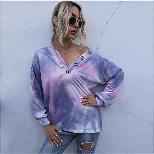 

Women's T shirt Color Gradient Tie Dye Long Sleeve Button Print V Neck Tops Cotton Basic Basic Top Purple Light Green