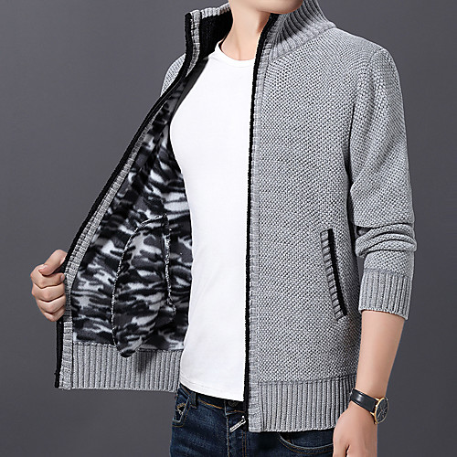 

Men's Wedding Zipper Front Fur Trim Braided Camouflage Geometric Cardigan Poncho Sweater Long Sleeve Sweater Cardigans Stand Collar Winter Black Blue Wine