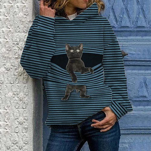 

Women's Hoodie Pullover Cat Stripes Daily Casual Hoodies Sweatshirts Slim Blue Gray Green