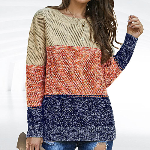 

Women's Stripe Knitted Striped Color Block Pullover Sweater Long Sleeve Sweater Cardigans Crew Neck Fall Winter Black Yellow Blushing Pink