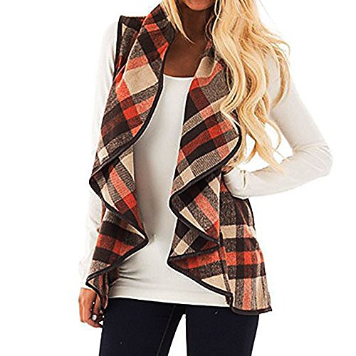 

Women's Jacket Casual Fall Winter Long Coat Standard Fit Warm Casual Jacket Sleeveless Stripes Modern Style Black big grid Green grid / Spring / V Neck / Cotton