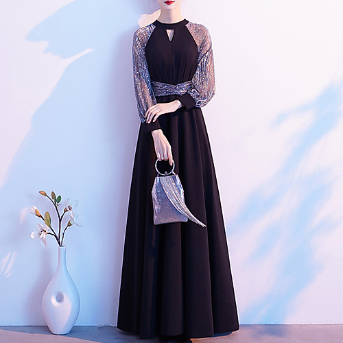 

A-Line Color Block Elegant Wedding Guest Formal Evening Dress Halter Neck Long Sleeve Floor Length Spandex with Sash / Ribbon 2021