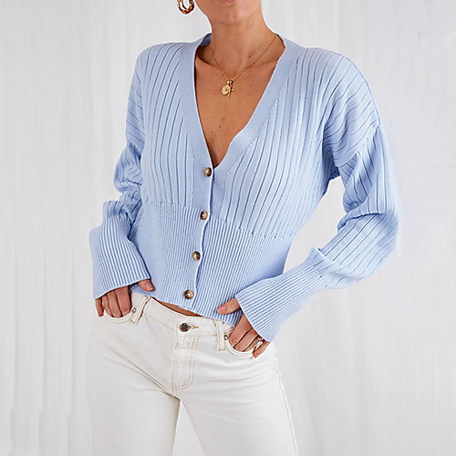 

Women's Basic Knitted Solid Color Cardigan Long Sleeve Sweater Cardigans V Neck Fall Winter Blue Blushing Pink Khaki