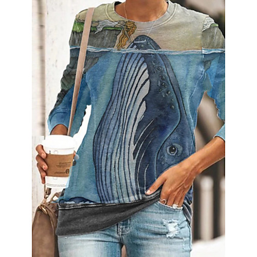 

Women's Tunic Animal Long Sleeve Print Round Neck Tops Blue