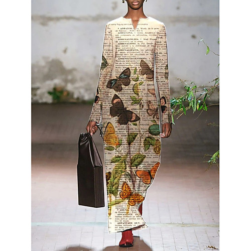 

Women's Shift Dress Maxi long Dress Beige Long Sleeve Floral Print Fall Winter Round Neck Casual Going out Loose 2021 L XL XXL 3XL 4XL 5XL / Cotton / Cotton