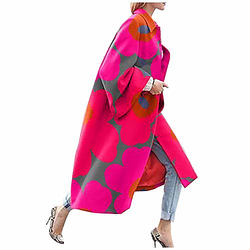 

women's long trench jacket winter warm coat plus size vintage floral printed pocket outerwear cardigan overcoat s-5xl hot pink