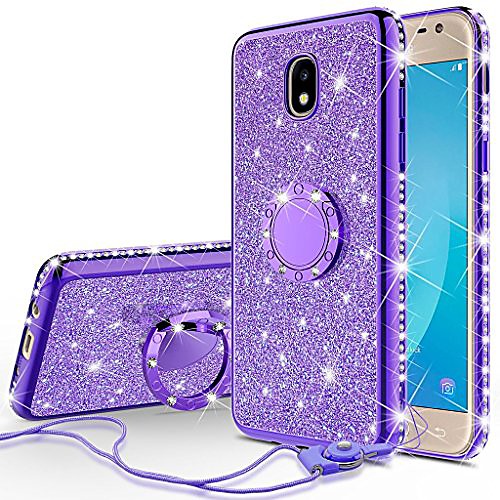 

cute glitter phone case compatible for samsung galaxy j7 crown case,galaxy j7 star,j7 2018,j7v 2nd gen,j7 refine case,girls women bling diamond ring kickstand thin sparkly, purple