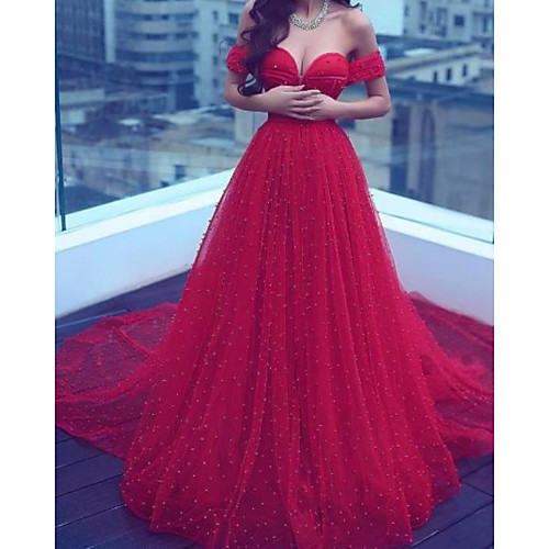 

A-Line Minimalist Elegant Engagement Formal Evening Dress Off Shoulder Short Sleeve Court Train Tulle with Pleats 2021