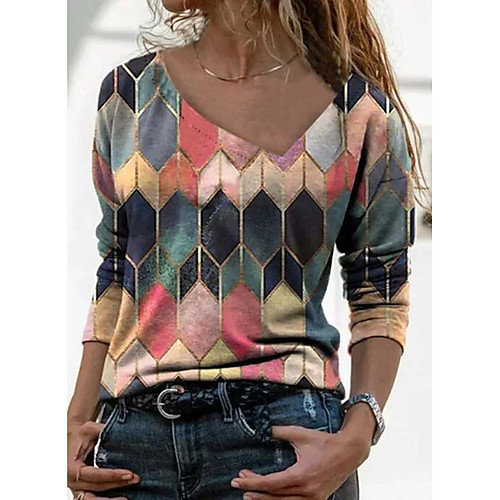 

Women's Blouse Gem Long Sleeve Print Boat Neck Tops Cotton Red