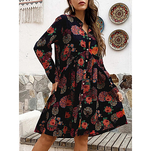 

Women's Swing Dress Knee Length Dress Black Long Sleeve Floral Tie Dye Patchwork Print Fall Spring Shirt Collar Casual Vintage Going out Loose 2021 M L XL XXL 3XL 4XL 5XL / Plus Size / Plus Size