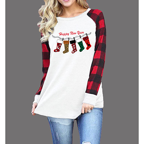 

Women's Christmas T shirt Plaid Graphic Letter Patchwork Round Neck Tops Basic Christmas Basic Top White