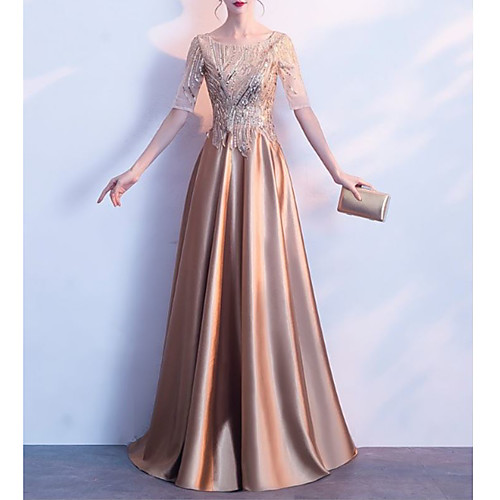 

Women's A Line Dress Midi Dress Gold Half Sleeve Solid Color Sequins Tassel Fringe Zipper Fall Spring Round Neck Elegant Slim 2021 S M L XL XXL / Maxi / Mesh