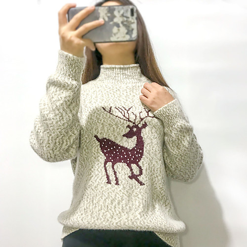 

Women's Christmas Knitted Animal Pullover Long Sleeve Sweater Cardigans Turtleneck Fall Winter Green Gray