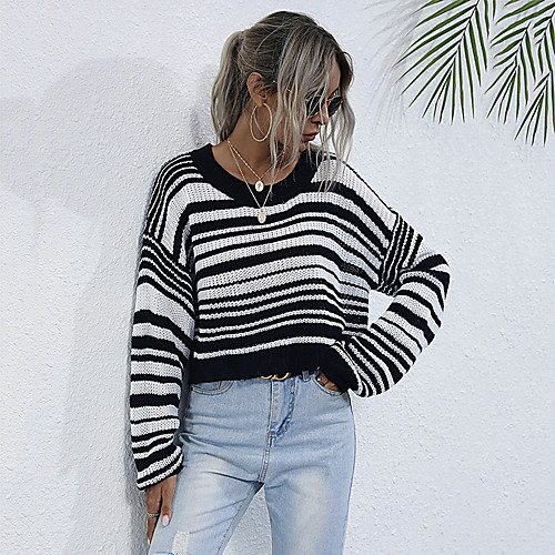 

Women's Basic Stripe Knitted Striped Pullover Cotton Long Sleeve Sweater Cardigans Crew Neck Fall Winter Black Blushing Pink Gray
