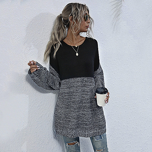 

Women's Basic Knitted Color Block Pullover Cotton Long Sleeve Sweater Cardigans Crew Neck Fall Winter Black