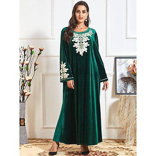 

Women's Swing Dress Maxi long Dress Green Long Sleeve Solid Color Embroidered Fall Winter Round Neck Elegant Loose 2021 M L XL XXL 3XL 4XL / Plus Size