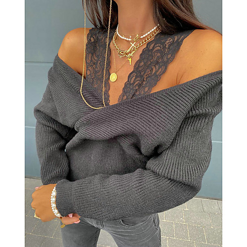 

Women's Camisole Blouse Plain Long Sleeve Lace Patchwork Halter Neck Basic Tops Khaki Dark Gray Beige