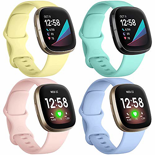 

compatible for fitbit sense bands for women men (4 pack) and fitbit versa 3 bands soft waterproof silicone band for versa 3 and sense smartwatch mint green pink sand yellow lilac gray small