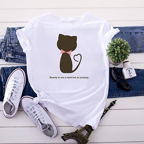 

Women's T shirt Cat Graphic Text Print Round Neck Tops 100% Cotton Basic Basic Top White Yellow Blushing Pink
