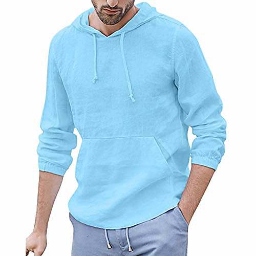 

men's long sleeve hooded solid color loose bib pockets casual soft tee shirts (m, blue)