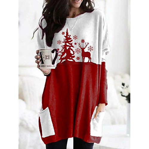 

Women's Shift Dress Short Mini Dress Red Long Sleeve Print Patchwork Print Fall Spring Round Neck Casual Christmas Loose 2021 S M L XL XXL 3XL 4XL 5XL