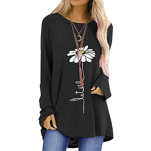 

Women's T Shirt Dress Tee Dress Short Mini Dress Blue Gray Khaki Green Black Red Long Sleeve Floral Print Fall Winter Round Neck Casual Loose 2021 S M L XL XXL 3XL / Cotton / Cotton