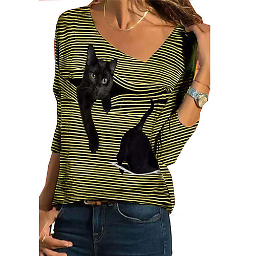 

Women's T shirt Striped Cat Graphic Prints Long Sleeve Print V Neck Tops Basic Basic Top Blue Red Yellow