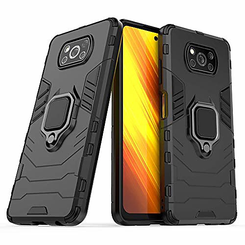 

case for xiaomi poco x3 nfc, dual layer protective shockproof hard armor cover with 360° rotating finger ring kickstand and car magnetic mount for poco x3 nfc - black