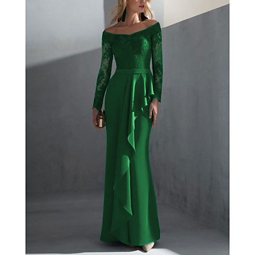 

Mermaid / Trumpet Minimalist Elegant Engagement Formal Evening Dress Off Shoulder Long Sleeve Sweep / Brush Train Lace Satin with Ruffles 2021