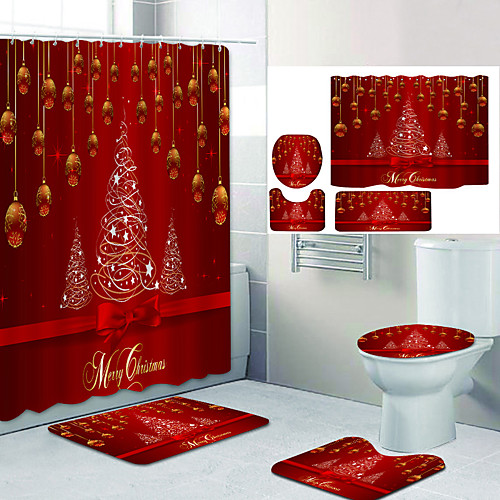 

Christmas Tree Red Chandelier Digital Printing Four-piece Set Shower Curtains and Hooks Modern Polyester Machine Made Waterproof Bathroom