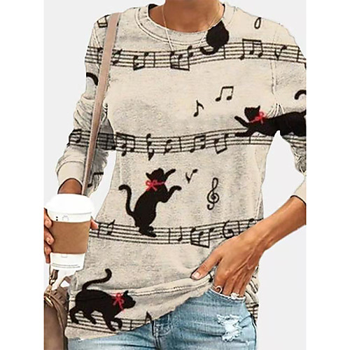 

Women's Tunic Cat Animal Long Sleeve Patchwork Print Round Neck Elegant Tops Beige