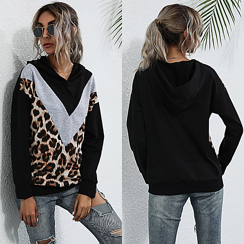 

Women's Hoodie Pullover Color Block Leopard Daily Weekend Basic Casual Hoodies Sweatshirts Cotton Black
