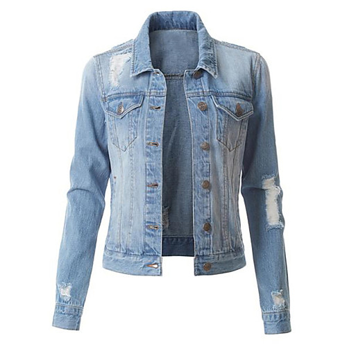 

Women's Denim Jacket Sports Fall & Winter Regular Coat Regular Fit Jacket Long Sleeve Solid Colored Blue Black / Cotton