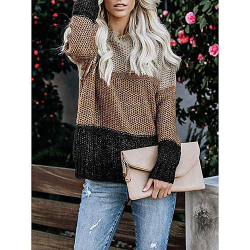 

Women's Stylish Knitted Striped Pullover Long Sleeve Sweater Cardigans Crew Neck Fall Winter Purple Khaki