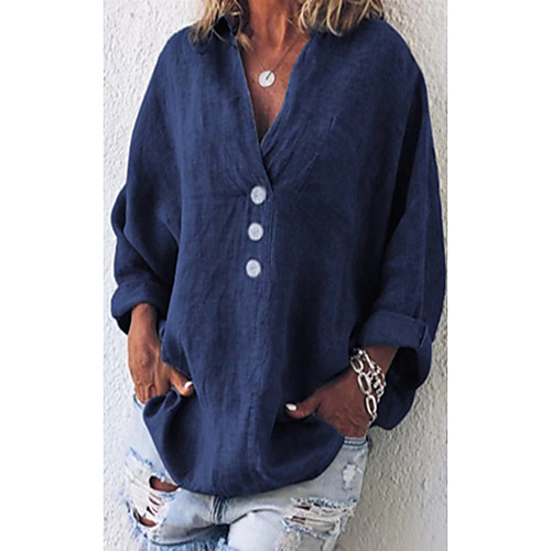 

Women's Plus Size Blouse Shirt Plain Long Sleeve Patchwork Asymmetric Button Shirt Collar Basic Chinoiserie Tops Orange Dusty Blue Light Green