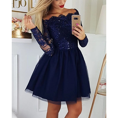 

A-Line Elegant Floral Engagement Cocktail Party Dress Off Shoulder Long Sleeve Short / Mini Tulle with Lace Insert 2021