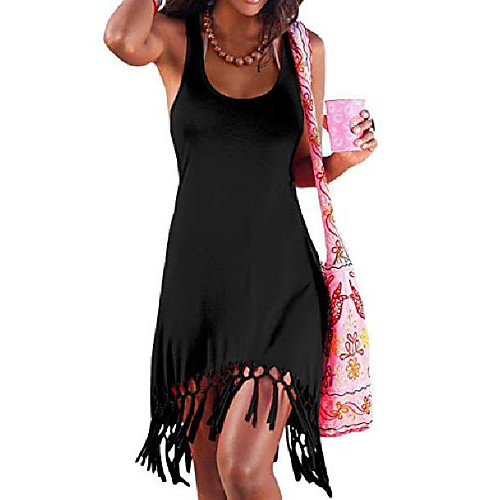 

women's summer beach dress bikini cover up casual vacation tassel short dresses black