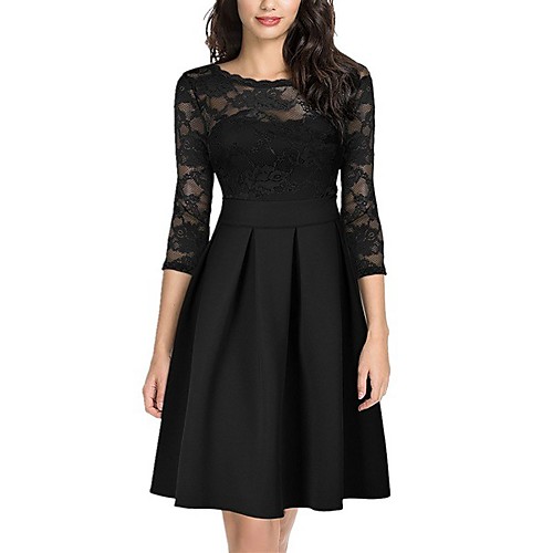 

Women's A Line Dress Knee Length Dress Blue Wine Green White Black Long Sleeve Solid Color Lace Patchwork Fall Winter Round Neck Elegant Sexy Party 2021 S M L XL XXL 3XL