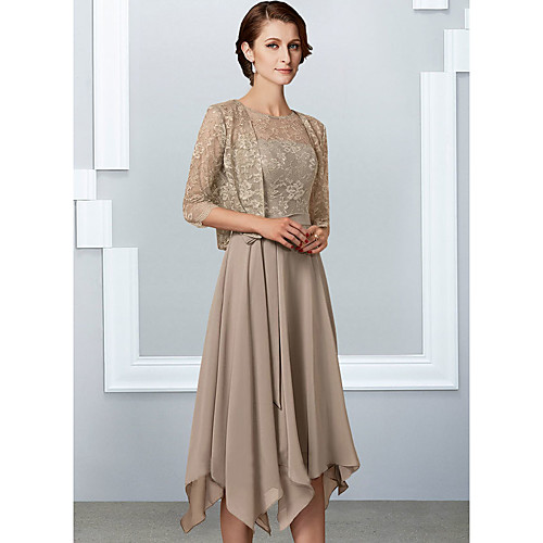 

A-Line Mother of the Bride Dress Elegant Jewel Neck Tea Length Chiffon Lace Half Sleeve with Pleats 2021