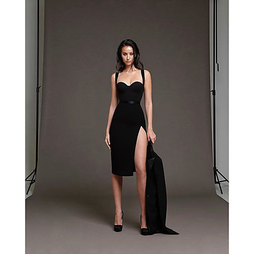 

Sheath / Column Little Black Dress Sexy Party Wear Cocktail Party Dress Spaghetti Strap Sleeveless Knee Length Spandex with Split 2021