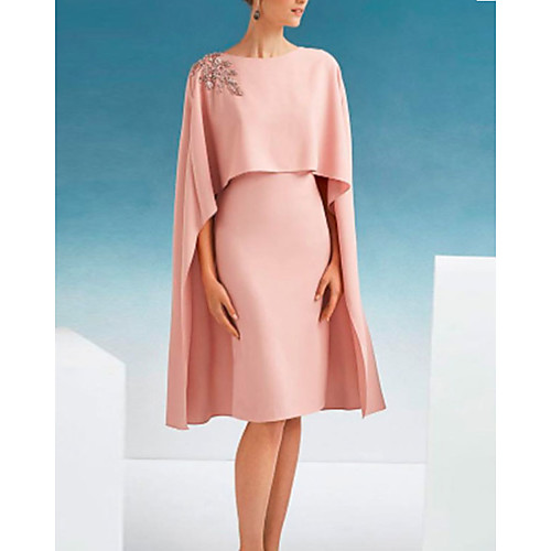 

Sheath / Column Mother of the Bride Dress Plus Size Jewel Neck Knee Length Satin Half Sleeve with Appliques 2021