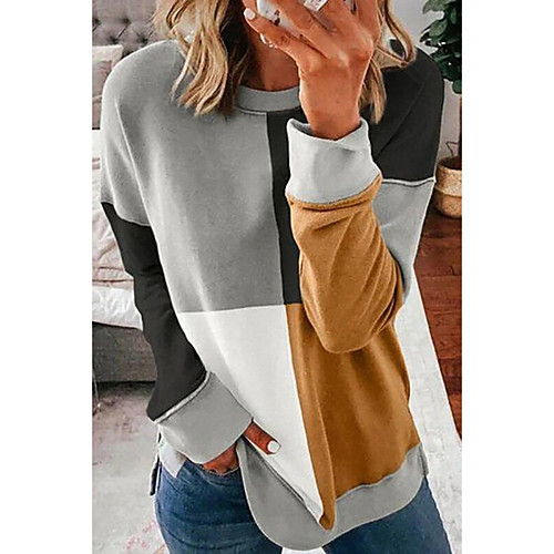 

Women's Stylish Knitted Color Block Pullover Acrylic Fibers Long Sleeve Sweater Cardigans Crew Neck Fall Winter Gray