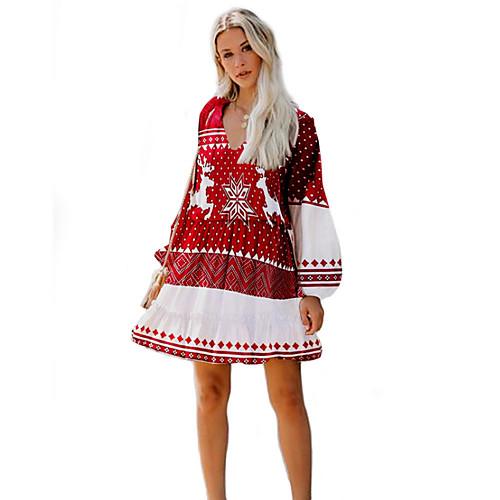 

Women's A Line Dress Short Mini Dress Red Long Sleeve Print Fall V Neck Elegant Casual Christmas Slim 2021 S M L XL