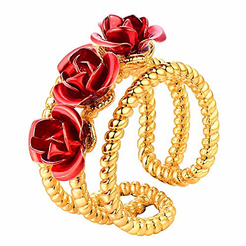 

you are my rose ring 18k gold plated 3-line red flower adjustable size open ring