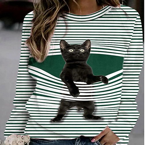 

Women's Blouse Shirt Striped Cat Long Sleeve Print Round Neck Streetwear Tops White Green
