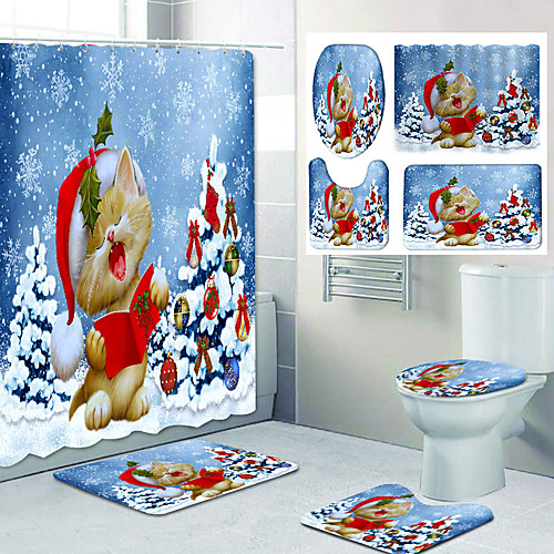 

Christmas Kitten Pattern Printing Bathroom Shower Curtain Leisure Toilet Four-Piece Design