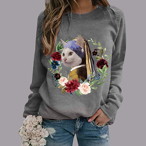 

Women's Hoodie Sweatshirt Floral Cat Graphic Daily Casual Hoodies Sweatshirts Loose Gray White Black